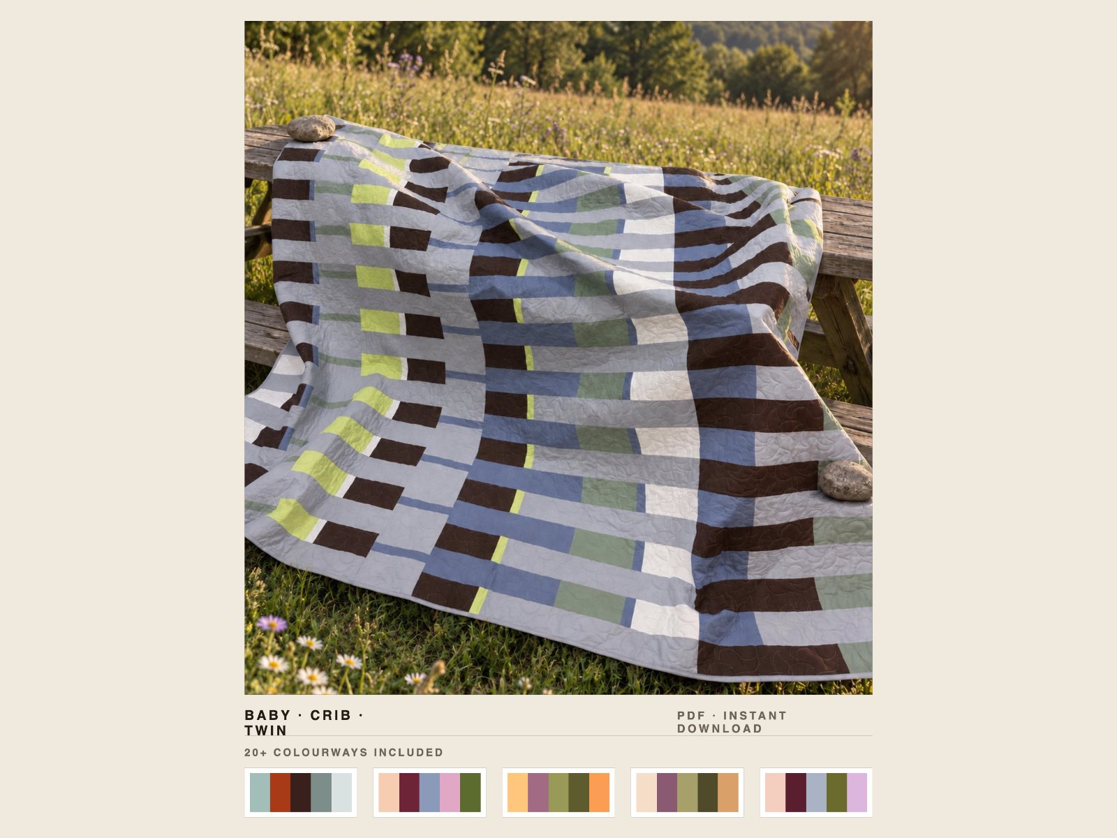 The Lineage quilt in the ORIGINAL colourway over a fence in a field, with Baby/Crib/Twin sizing, "PDF, instant download" and five colourway swatch strips.