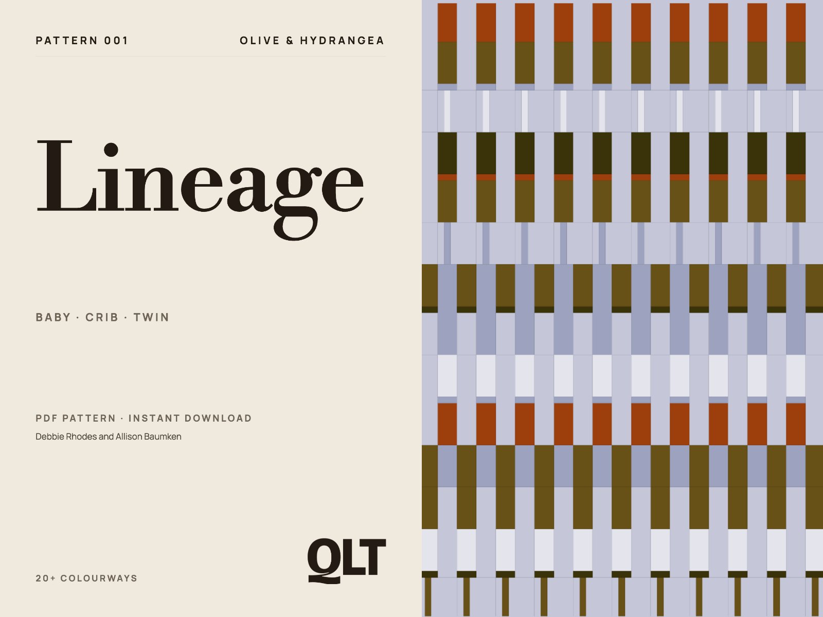 Lineage, Pattern 001 — the Olive & Hydrangea colourway drawing beside the QLT mark.