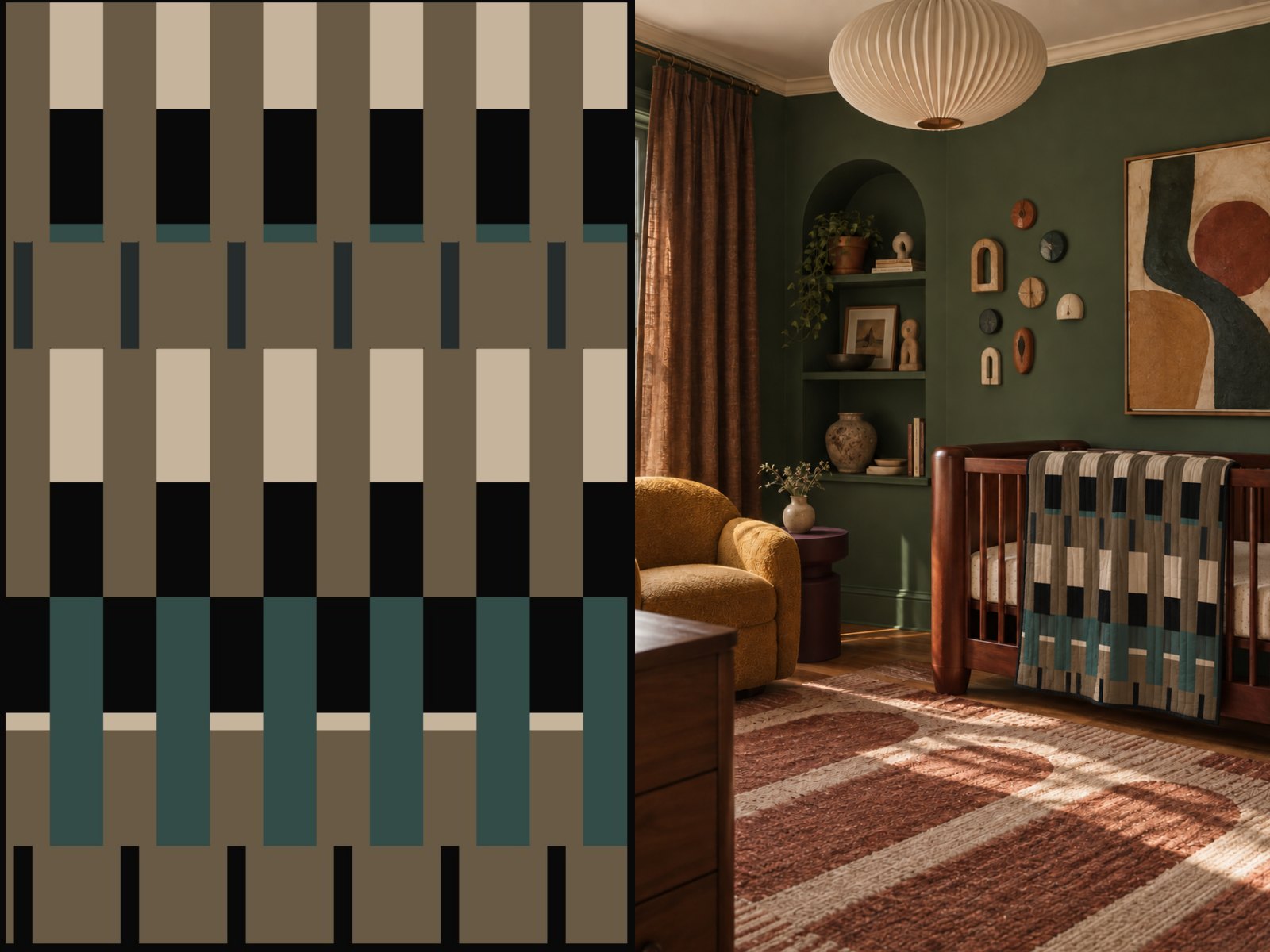 Split frame: the Walnut Petrol colourway drawing beside the Crib quilt draped over a crib in a styled nursery.