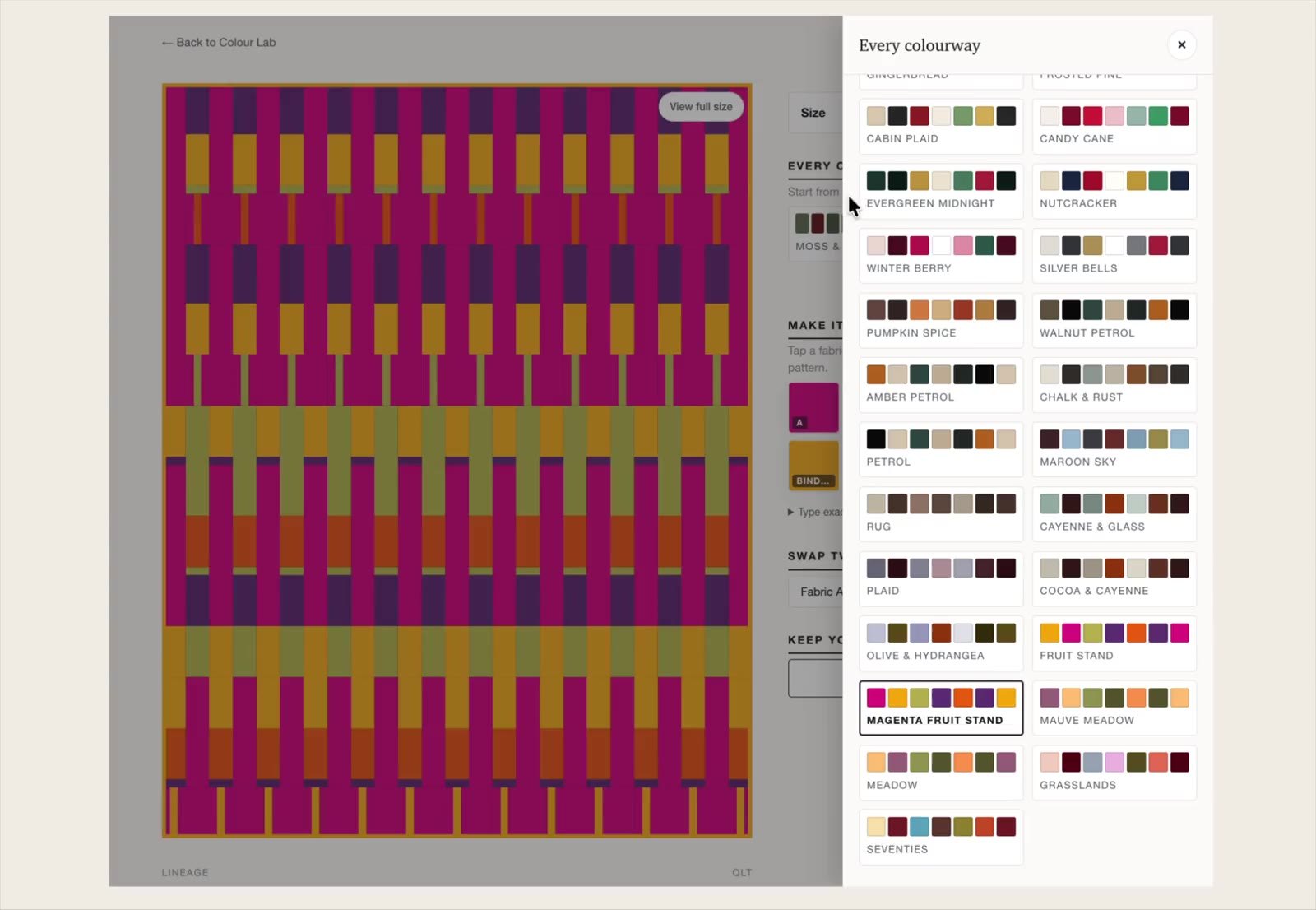 A screen recording of Colour Lab flipping quickly through Lineage’s full range of colourways, the quilt recolouring with each one.