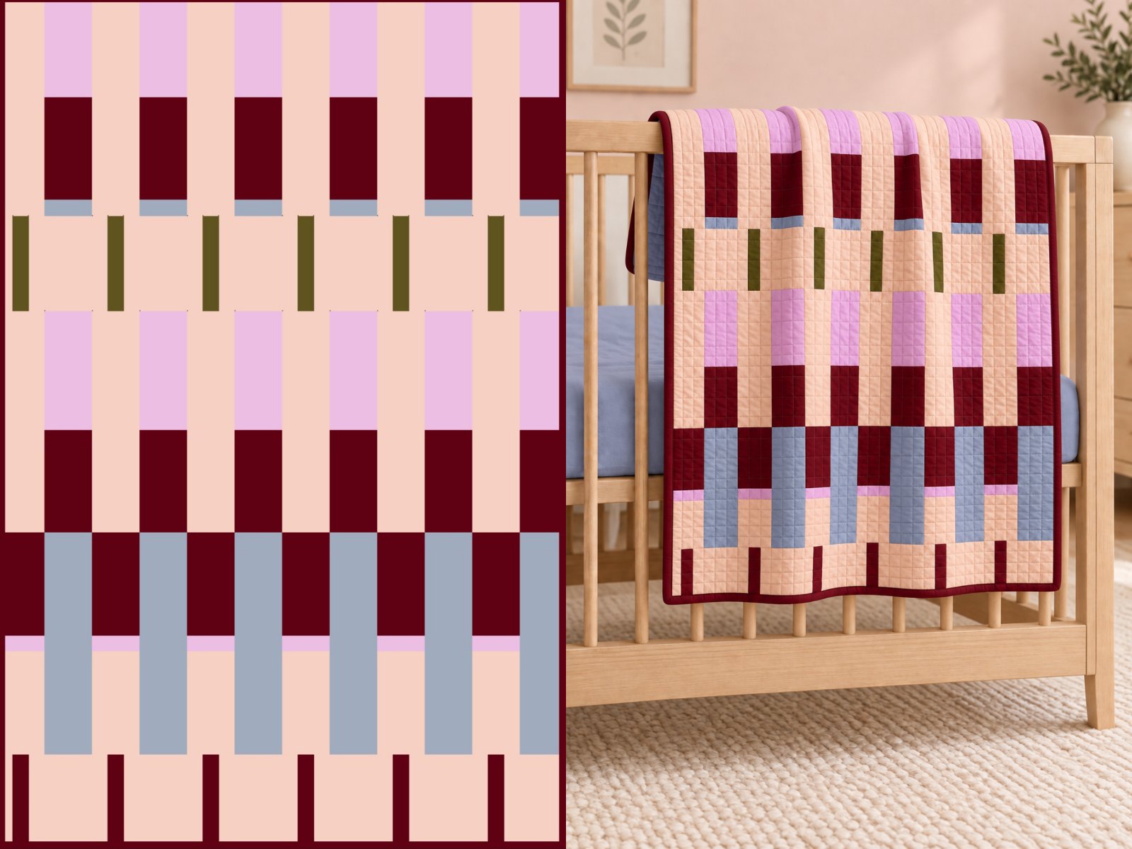 The Lineage quilt in Grasslands, styled in a room.