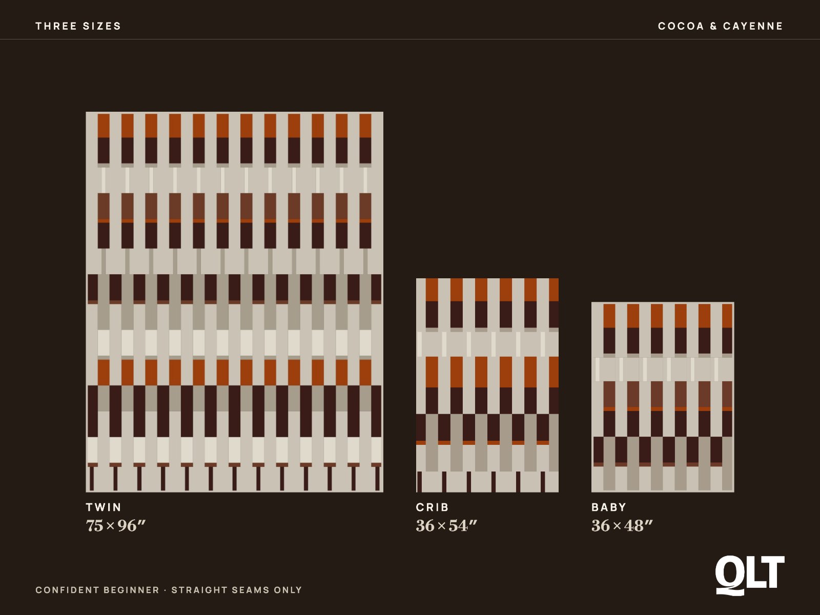 The three Lineage sizes drawn to scale side by side in Cocoa & Cayenne, labelled with their finished dimensions.